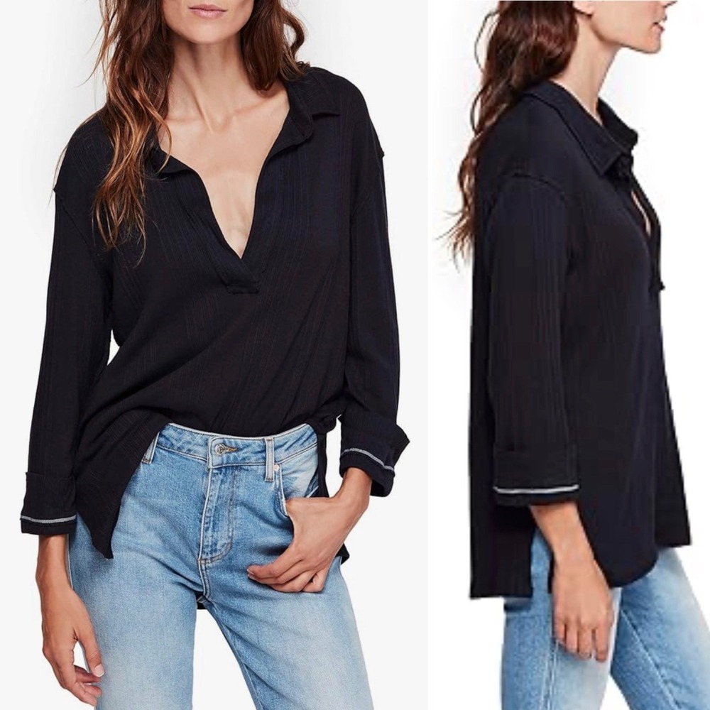 Free People Annie Long Sleeve Black Ribbed V-Neck Henley Top Womens Large